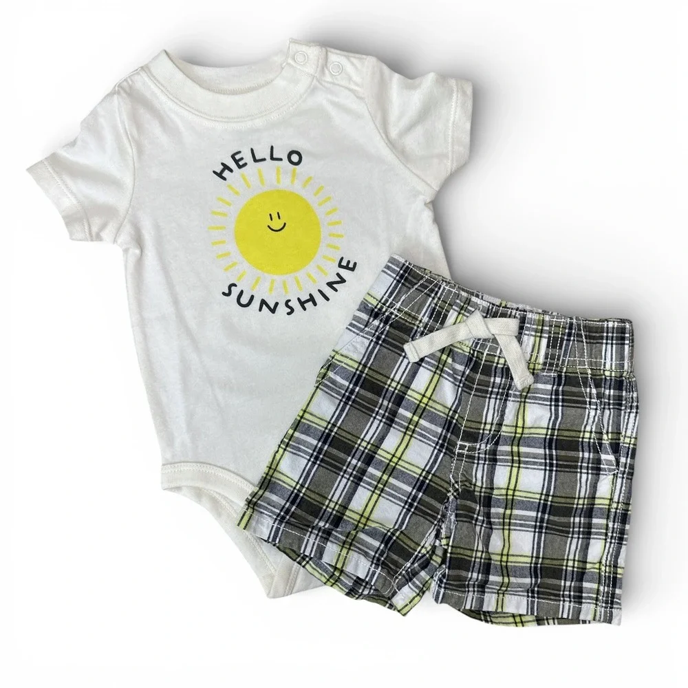 Gymboree Bodysuit and Plaid Shorts Set Baby Boy 6-12M White Green Summer Outfit